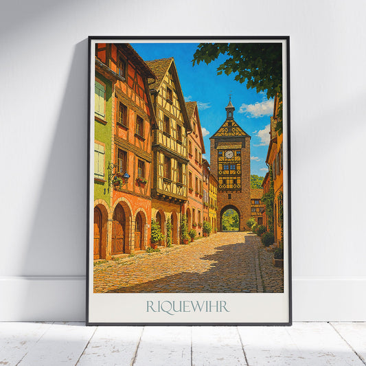 Riquewihr France Travel Poster | Colorful Alsace Village Art Print | Historic Clock Tower Wall Decor