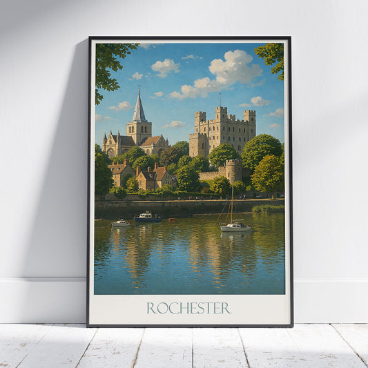 Rochester Travel Poster, Castle & Cathedral View ~ England Art Print & Home Decor | Historic Riverside City Wall Art Gift