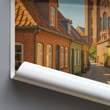 Roskilde Travel Poster, Denmark Cobblestone Street Art | Roskilde Cathedral Wall Art | Nordic Home Decor Print