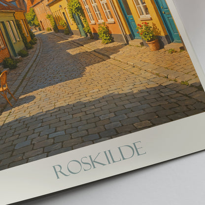 Roskilde Travel Poster, Denmark Cobblestone Street Art | Roskilde Cathedral Wall Art | Nordic Home Decor Print