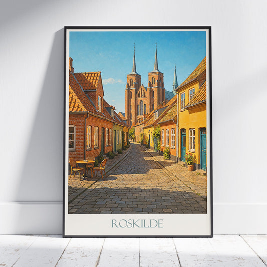 Roskilde Travel Poster, Denmark Cobblestone Street Art | Roskilde Cathedral Wall Art | Nordic Home Decor Print