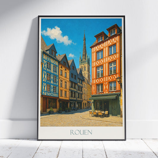 Rouen Travel Poster | Historic Norman Houses Art Print | France Cityscape Wall Decor | Vintage Style Europe Poster