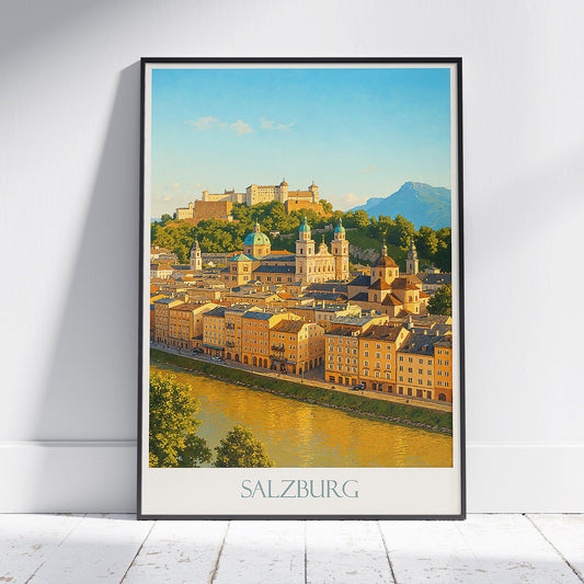 Salzburg Travel Poster, Austria Cityscape Wall Art | Hohensalzburg Fortress Print | European Home Decor & Gift