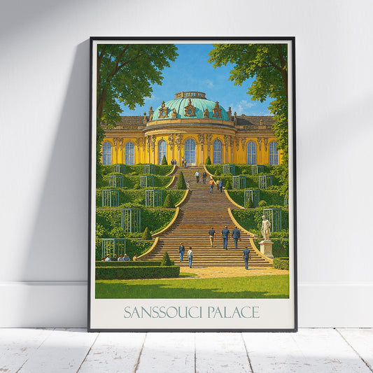 Sanssouci Palace Potsdam Travel Poster | Germany Grand Gardens Art Print | Historic Rococo Architecture Wall Decor