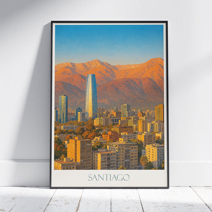 Santiago Travel Poster, Costanera Center & Andes Mountains | Chile Cityscape Art Print | Modern Home Decor | South America Wall Art