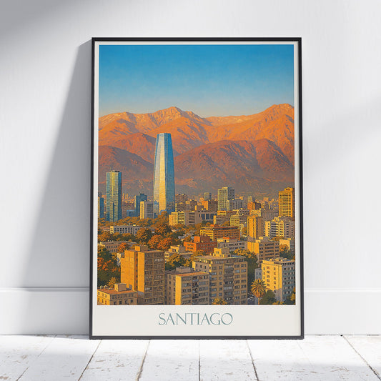 Santiago Travel Poster, Costanera Center & Andes Mountains | Chile Cityscape Art Print | Modern Home Decor | South America Wall Art