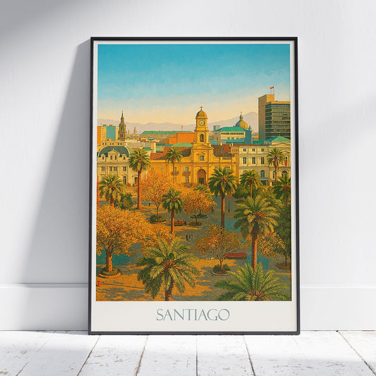 Santiago Travel Poster, Chile Cityscape | Plaza de Armas Cathedral Art Print | South America Wall Decor | Vintage Style Gift