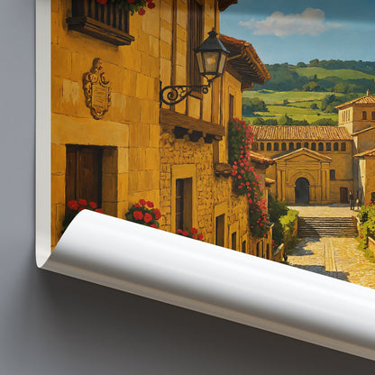 Santillana del Mar Travel Poster | Charming Spanish Village Art Print | Historic Cobblestone Street Decor