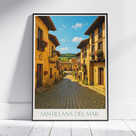 Santillana del Mar Travel Poster | Charming Spanish Village Art Print | Historic Cobblestone Street Decor