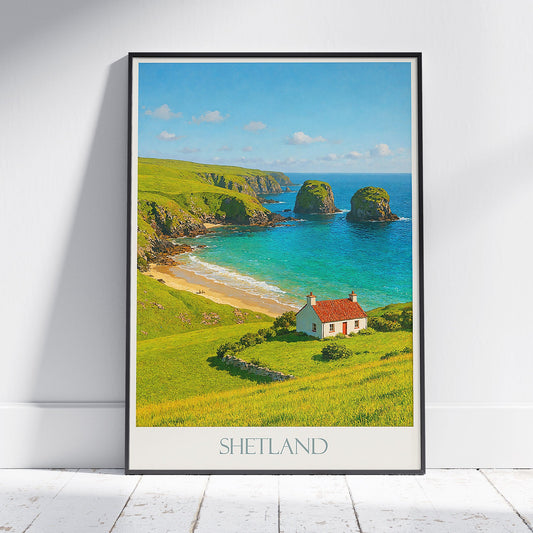 Shetland Islands Travel Poster, Coastal Cottage View | Scotland Seascape Wall Art Print | Idyllic Home Decor Gift