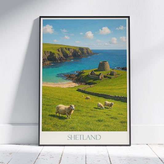 Shetland Islands Travel Poster | Ancient Broch Scotland Wall Art | Sheep Landscape Print | UK Island Home Decor | Scenic Gift