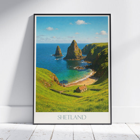 Shetland Islands Travel Poster | Remote Scottish Coastal Cottage Wall Art Print | Island Landscape Home Decor Gift