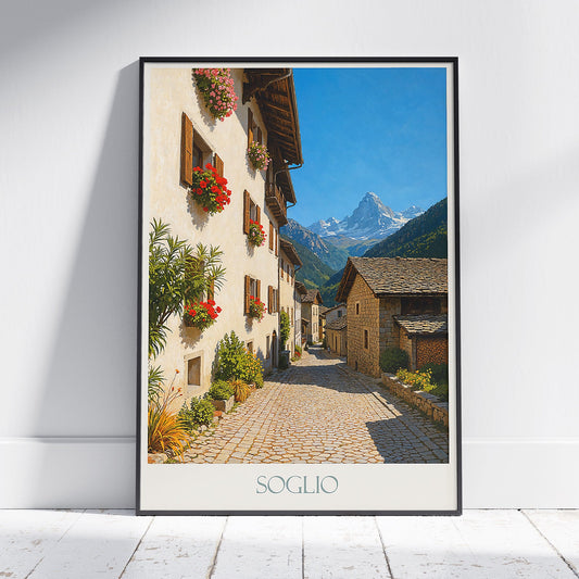 Soglio Switzerland Travel Poster | Charming Alpine Village Street Scene Painted Art Print | European Mountain Landscape Wall Decor