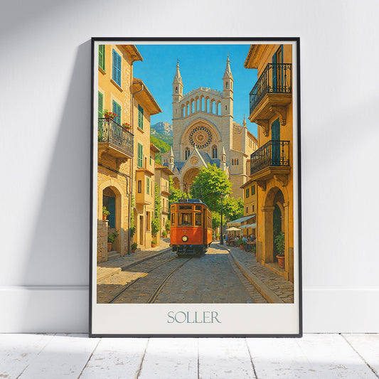 Soller Mallorca Travel Poster | Vintage Spanish Wall Art Print | Iconic Soller Tram & Cathedral Decor