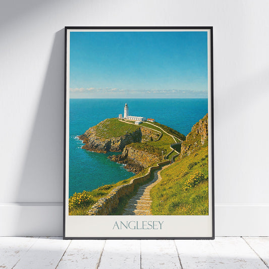 South Stack Lighthouse Travel Poster, Holy Island | Anglesey Wales Seascape Art Print | Coastal Home Decor Lighthouse Lover Gift