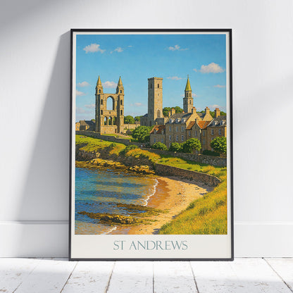 St Andrews Travel Poster | Scotland Coastal Art | Historic Cathedral Ruins | Serene Beach Scene Print | UK Vacation Decor Gift