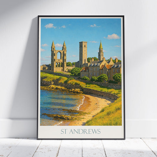 St Andrews Travel Poster | Scotland Coastal Art | Historic Cathedral Ruins | Serene Beach Scene Print | UK Vacation Decor Gift