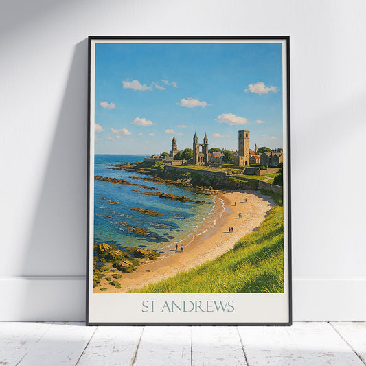 St Andrews Travel Poster, Scotland Coastal View ~ Cathedral Ruins Wall Art Print | Scottish Home Decor | Personalized Vacation Gift