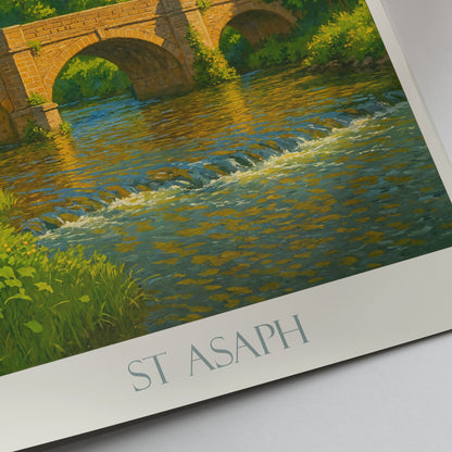 St Asaph Wales Travel Poster | St Asaph Cathedral Art Print | River Elwy Bridge Decor | Welsh Landscape Wall Art | UK Vacation Gift