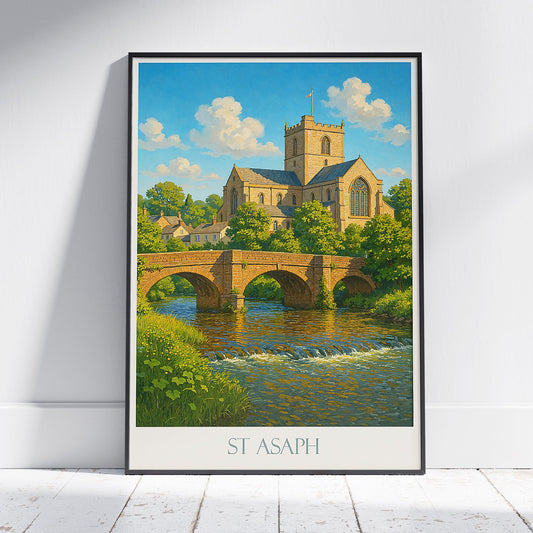 St Asaph Wales Travel Poster | St Asaph Cathedral Art Print | River Elwy Bridge Decor | Welsh Landscape Wall Art | UK Vacation Gift