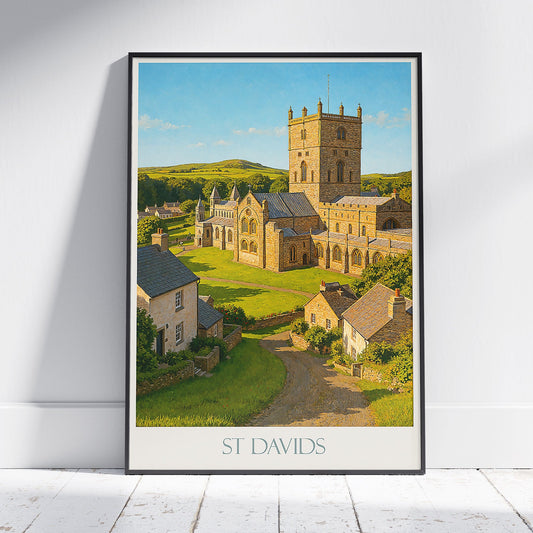 St Davids Wales Travel Poster | Pembrokeshire Cathedral Art Print | Welsh Countryside Decor | Serene Vintage Style Gift