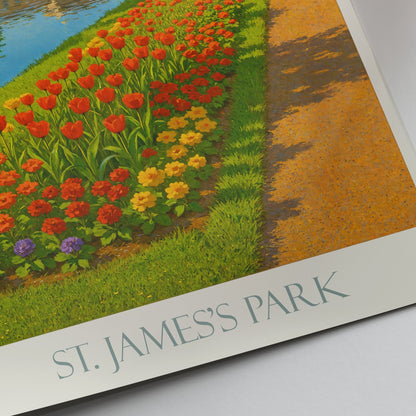 St. James's Park London Travel Poster, Buckingham Palace Spring Flowers Art Print | UK City Park Wall Decor | British Royal Landmark Gift