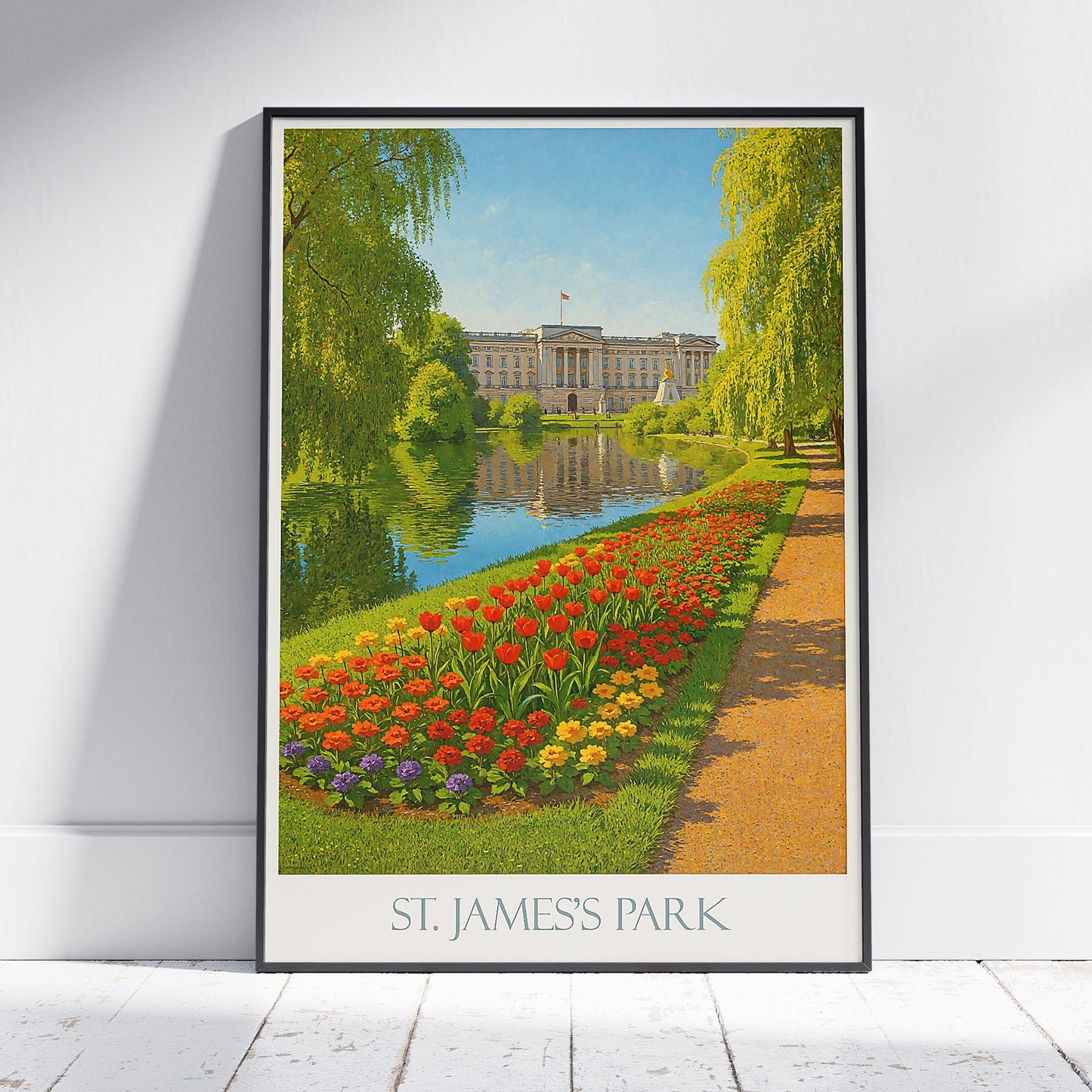 St. James's Park London Travel Poster, Buckingham Palace Spring Flowers Art Print | UK City Park Wall Decor | British Royal Landmark Gift