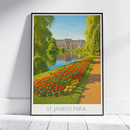 St. James's Park London Travel Poster, Buckingham Palace Spring Flowers Art Print | UK City Park Wall Decor | British Royal Landmark Gift