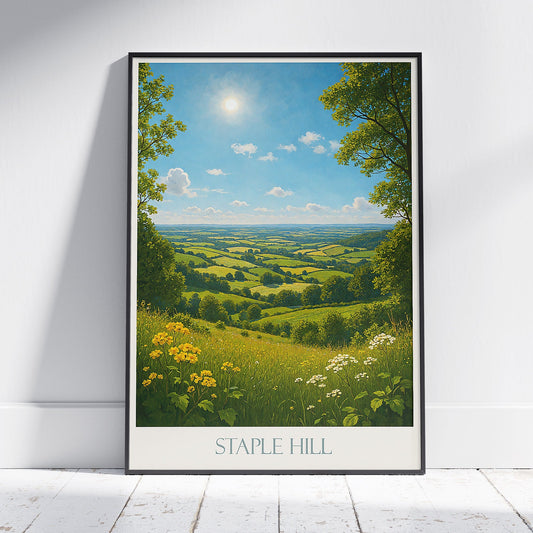 Staple Hill Panorama Travel Poster | English Countryside Landscape Print | Green Hills Nature Wall Art & Home Decor