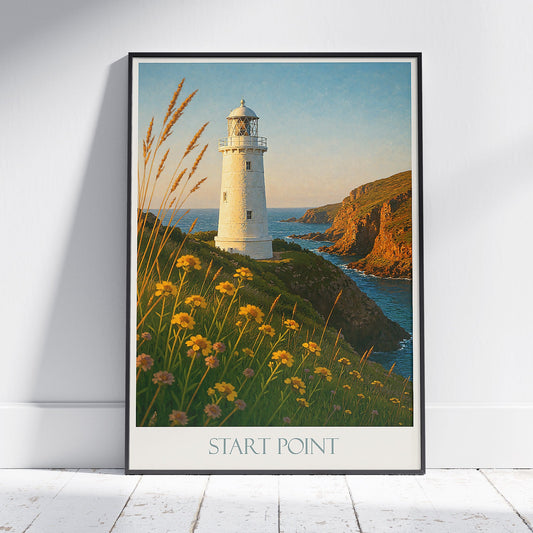 Start Point Lighthouse Travel Poster | Golden Hour Devon England Coastal Art Print | Scenic Seascape Wall Decor