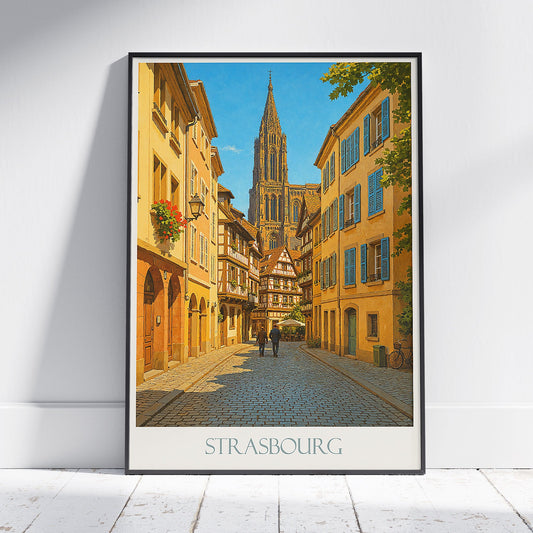 Strasbourg Travel Poster | Petite France Cathedral Art Print | Alsatian Half-Timber Houses Wall Decor