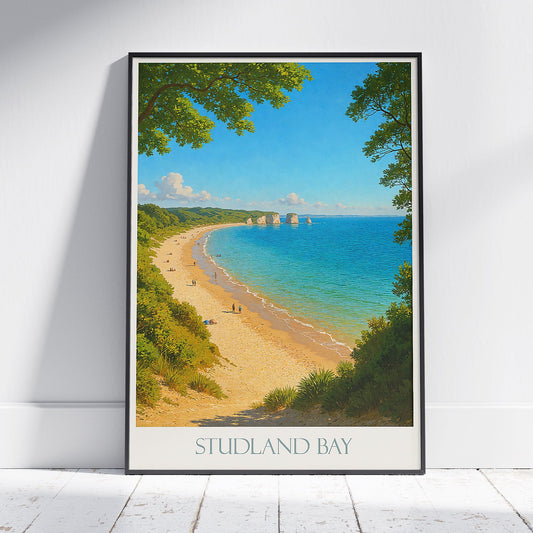 Studland Bay Travel Poster, Dorset England Beach Art Print ~ Old Harry Rocks | UK Coastline Decor | Summer Vacation Gift