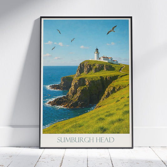 Sumburgh Head Lighthouse Travel Poster | Scotland Shetland Islands Coastal Art Print | UK Lighthouse Wall Decor & Gift