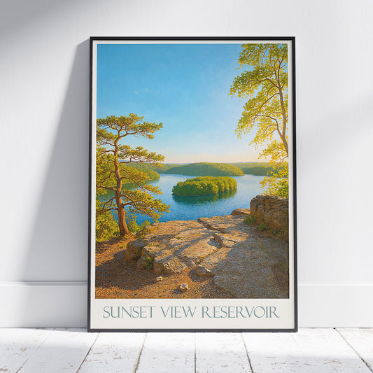 Sunset View Reservoir Art Print, Serene Lake & Island Painting | Nature Landscape Wall Art | Digital Oil Painting Decor