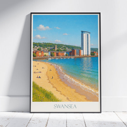 Swansea Travel Poster | Wales Beach Art Print | UK Coastal Cityscape | Impasto Style Wall Art