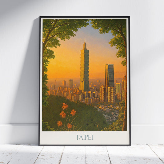 Taipei Travel Poster, Sunset Cityscape ~ Taiwan Skyscraper Art Print | Iconic Taipei 101 Wall Decor