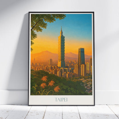 Taipei Travel Poster, Sunset Cityscape ~ Taiwan Art Print | Modern Wall Decor | Iconic Taipei 101 Art