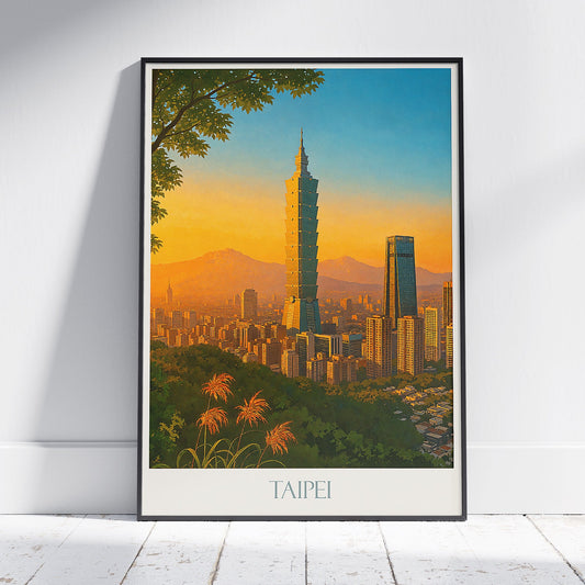 Taipei Travel Poster, Sunset Cityscape ~ Taiwan Art Print | Modern Wall Decor | Iconic Taipei 101 Art