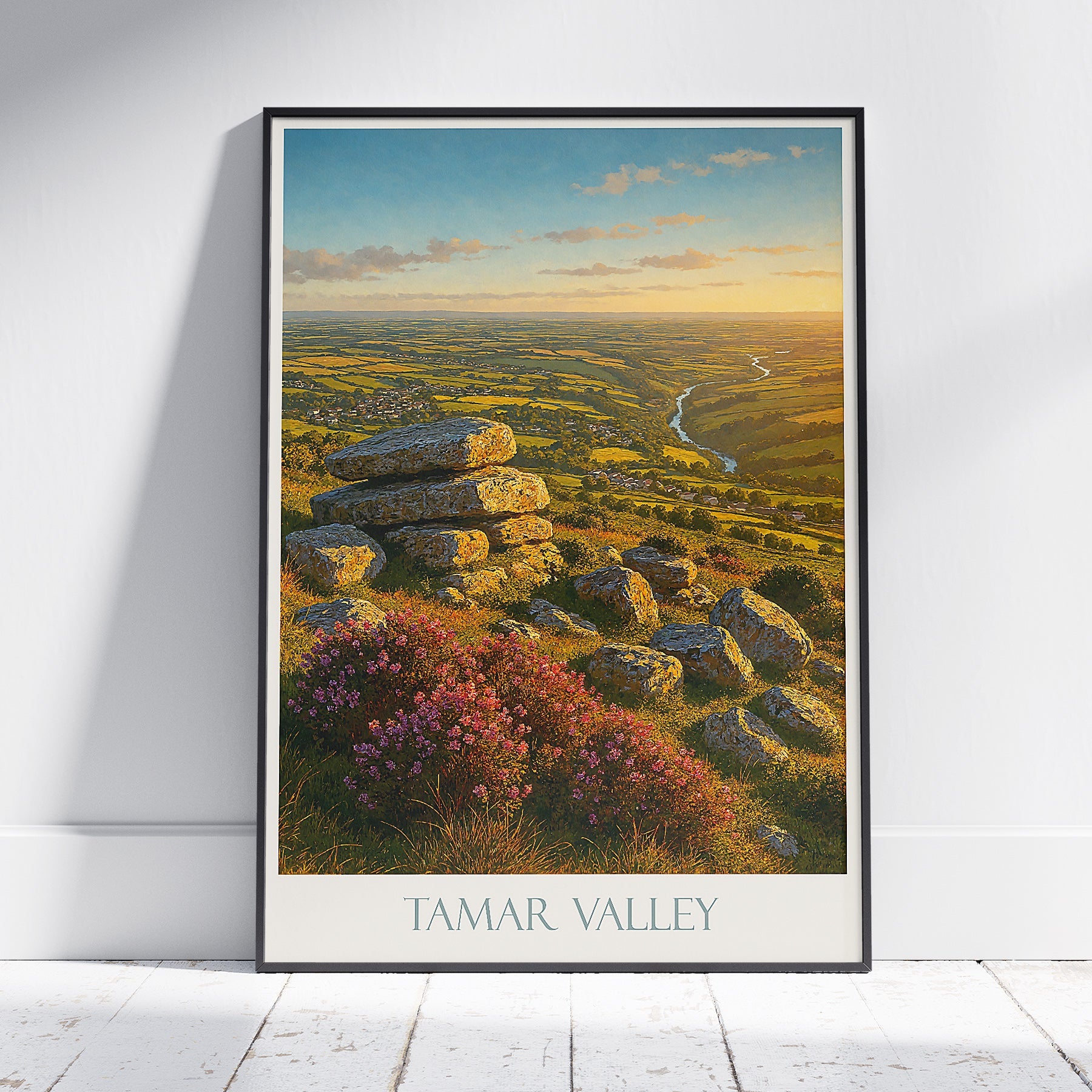 Tamar Valley Travel Poster | England Landscape Art Print | UK Scenic Valley View | Rustic Farmhouse Decor | Sunset Painting