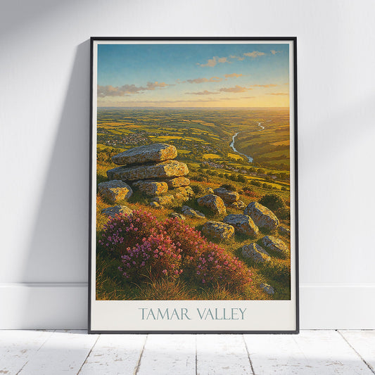 Tamar Valley Travel Poster | England Landscape Art Print | UK Scenic Valley View | Rustic Farmhouse Decor | Sunset Painting