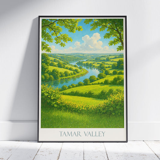 Tamar Valley Travel Poster, England River Landscape Art Print | Idyllic UK Nature Wall Decor | Green Countryside Scene