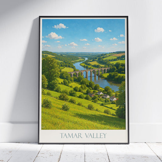 Tamar Valley Travel Poster, Calstock Viaduct | Cornwall UK Art Print | Devon Landscape Wall Decor | River Countryside Painting