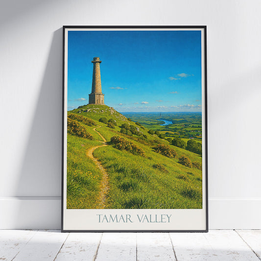 Tamar Valley Travel Poster, Kit Hill View ~ Cornwall & Devon Landscape Art | England Wall Decor | UK Home Gift