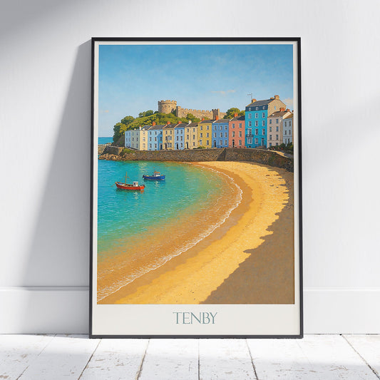 Tenby Travel Poster | Pembrokeshire Wales Coastal Art Print | Colorful Houses Wall Decor | UK Beach Scene Gift