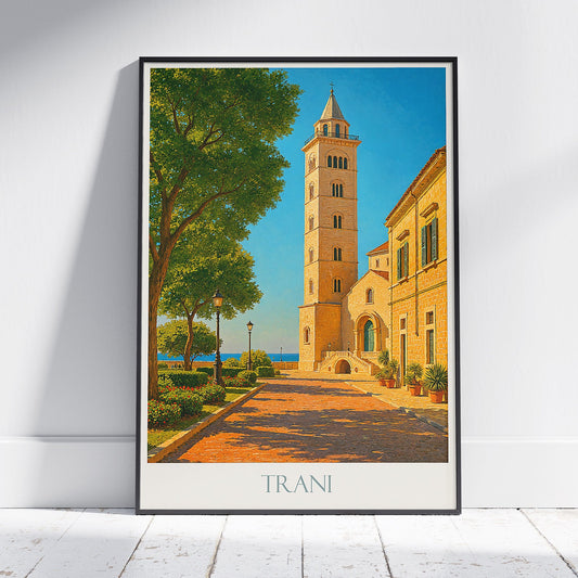 Trani Travel Poster, Trani Cathedral Bell Tower ~ Puglia Italy Art Print | Mediterranean Coastal Decor | Italy Vacation Gift