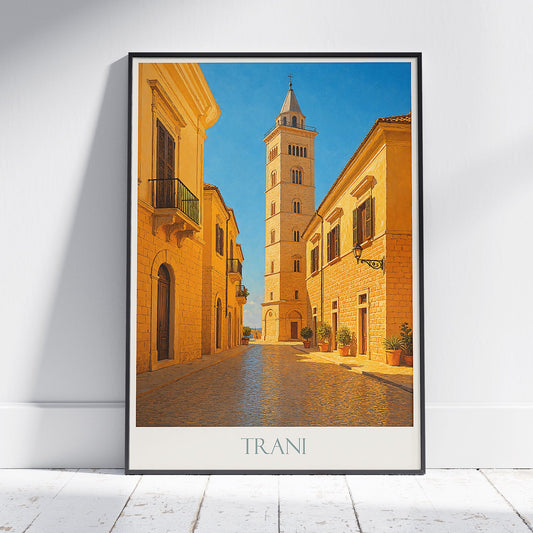Trani Italy Travel Poster | Torre di Trani Cathedral Bell Tower Art Print | Historic Puglia Wall Decor | Italian Cityscape Art Gift