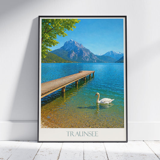 Traunsee Travel Poster, Serene Austrian Lake Art Print | Mountain Landscape Wall Decor with Swan & Pier