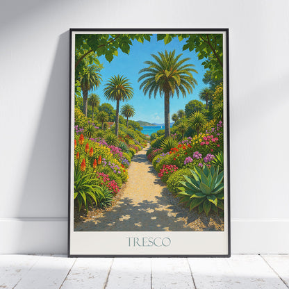 Tresco Abbey Gardens Travel Poster | Isles of Scilly Cornwall Coastal Art | Tropical Garden Painted Print & Home Decor