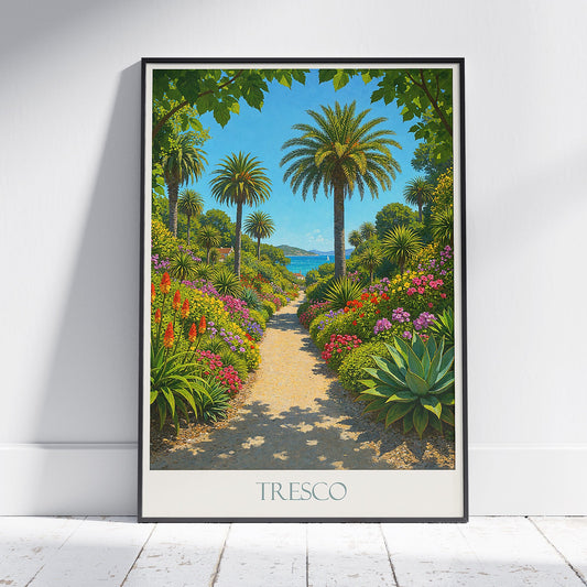 Tresco Abbey Gardens Travel Poster | Isles of Scilly Cornwall Coastal Art | Tropical Garden Painted Print & Home Decor