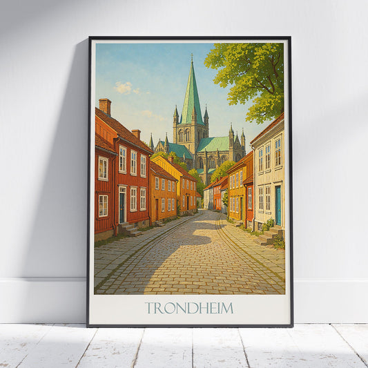 Trondheim Travel Poster, Nidaros Cathedral & Wooden Houses ~ Norway Art Print | Nordic Cityscape Wall Decor Gift
